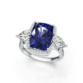 Sterling Silver Royal Sapphire Engagement Ring Cushion CU 14X10mm 3 Stone Design Halo Ring
