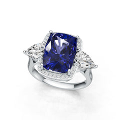 Sterling Silver Royal Sapphire Engagement Ring Cushion CU 14X10mm 3 Stone Design Halo Ring