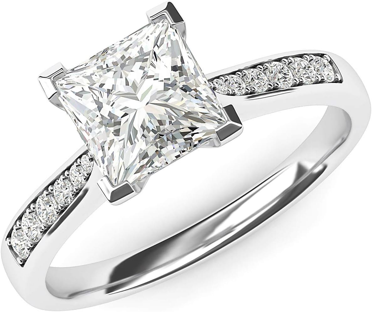 Princess Cut Sterling Silver Moissanite Engagement Ring with Side Stones