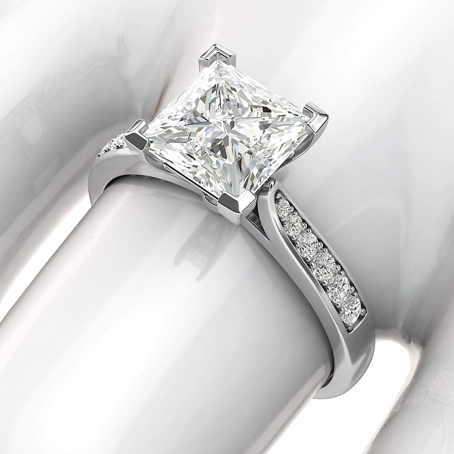 Princess Cut Sterling Silver Moissanite Engagement Ring with Side Stones