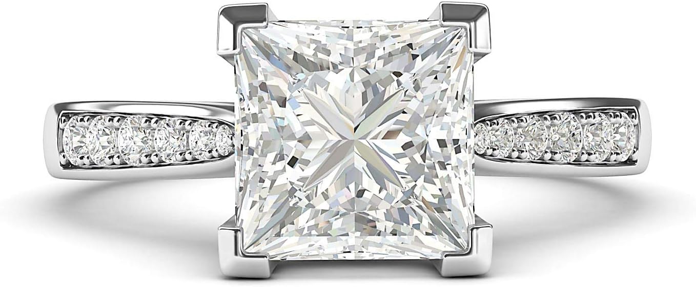Princess Cut Sterling Silver Moissanite Engagement Ring with Side Stones