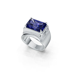 Men's Sterling Silver Moissanite or Sapphire Ring Emerald OCT 14x10mm