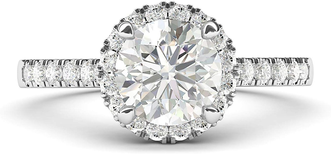 Round Brilliant Cut Moissanite Sterling Silver Halo Engagement Ring with Side Stones