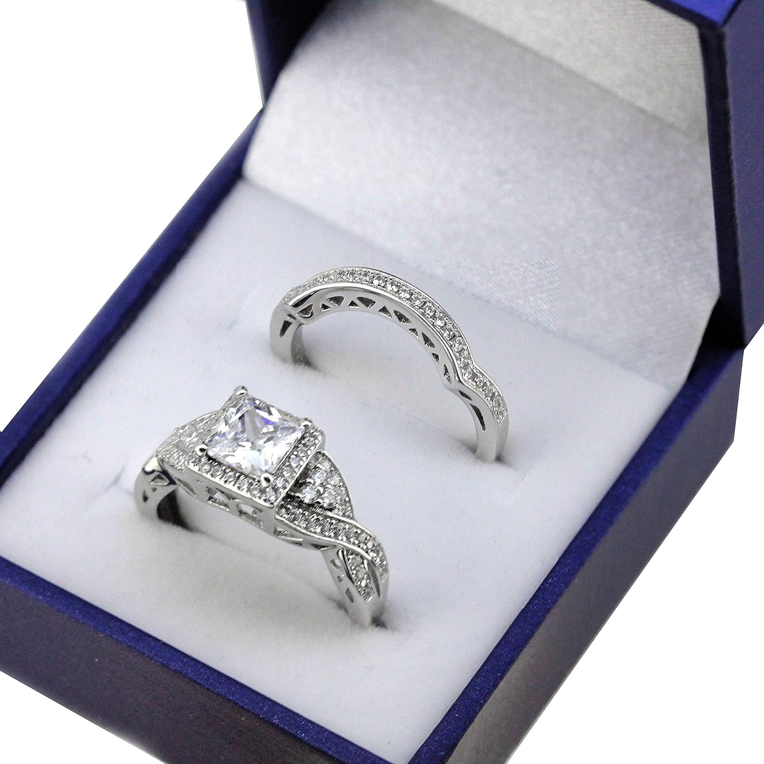 Sterling Silver Princess Cut Moissanite Engagement Ring Set for Women – 2 Pieces