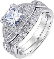 Sterling Silver Princess Cut Moissanite Engagement Ring Set for Women – 2 Pieces