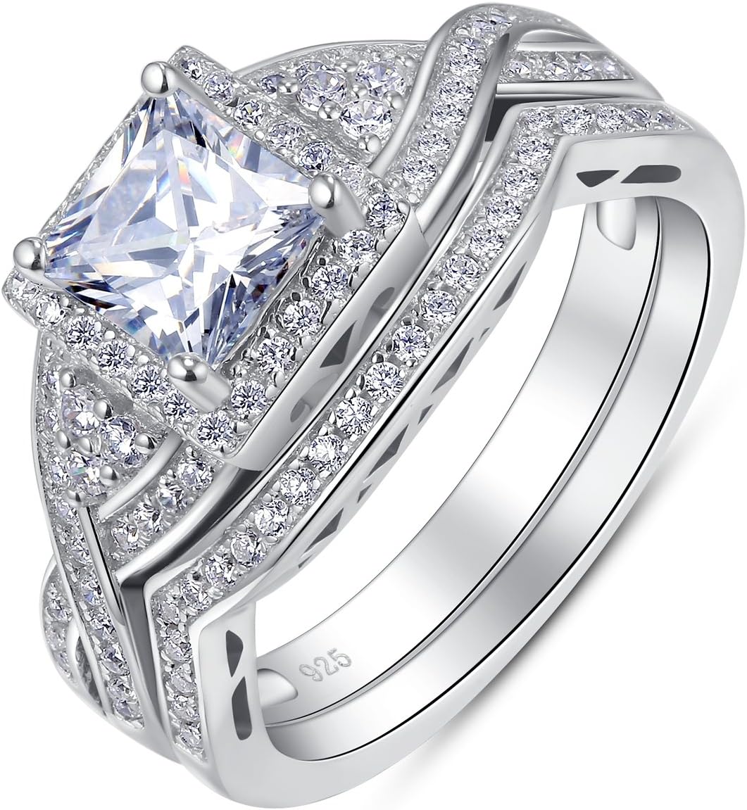 Sterling Silver Princess Cut Moissanite Engagement Ring Set for Women – 2 Pieces