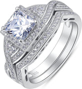 Sterling Silver Princess Cut Moissanite Engagement Ring Set for Women – 2 Pieces