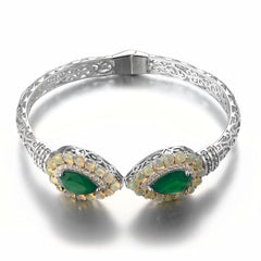 Natural Green Agate Bracelet Around White Opal Classic Elegant S925 Sterling Silver Bracelet Mother's Gift