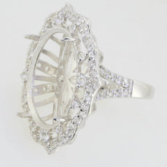 Sterling Silver Semi Mount Ring Setting Cab Oval OV 20x15mm Halo Accent - Syzjewelry