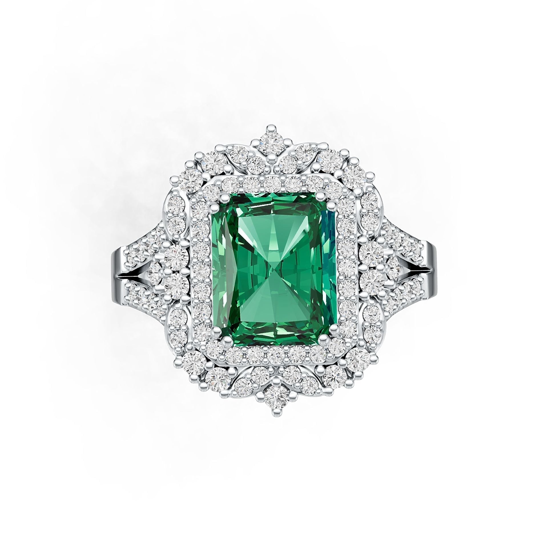 Sterling Silver Semi Mount Ring Setting Emerald OCT 10X8mm Double Halo DHJ