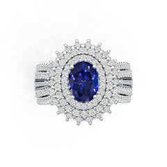 Sterling Silver Royal Blue Sapphire Engagement Ring w/ Moissanite Tripple Halo Ring