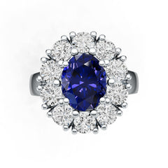 Sterling Silver Royal Blue Sapphire with Moissanite Ring Oval OV 10x8mm Halo