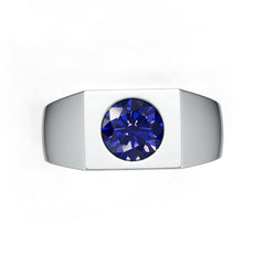 Men's Sterling Silver Royal Blue Sapphire Ring Round RD 6.5x6.5mm Flush Bezel Set
