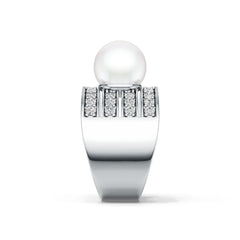 Sterling Silver Pearl with Moissanite Ring Wide Band Round RD 10x10mm