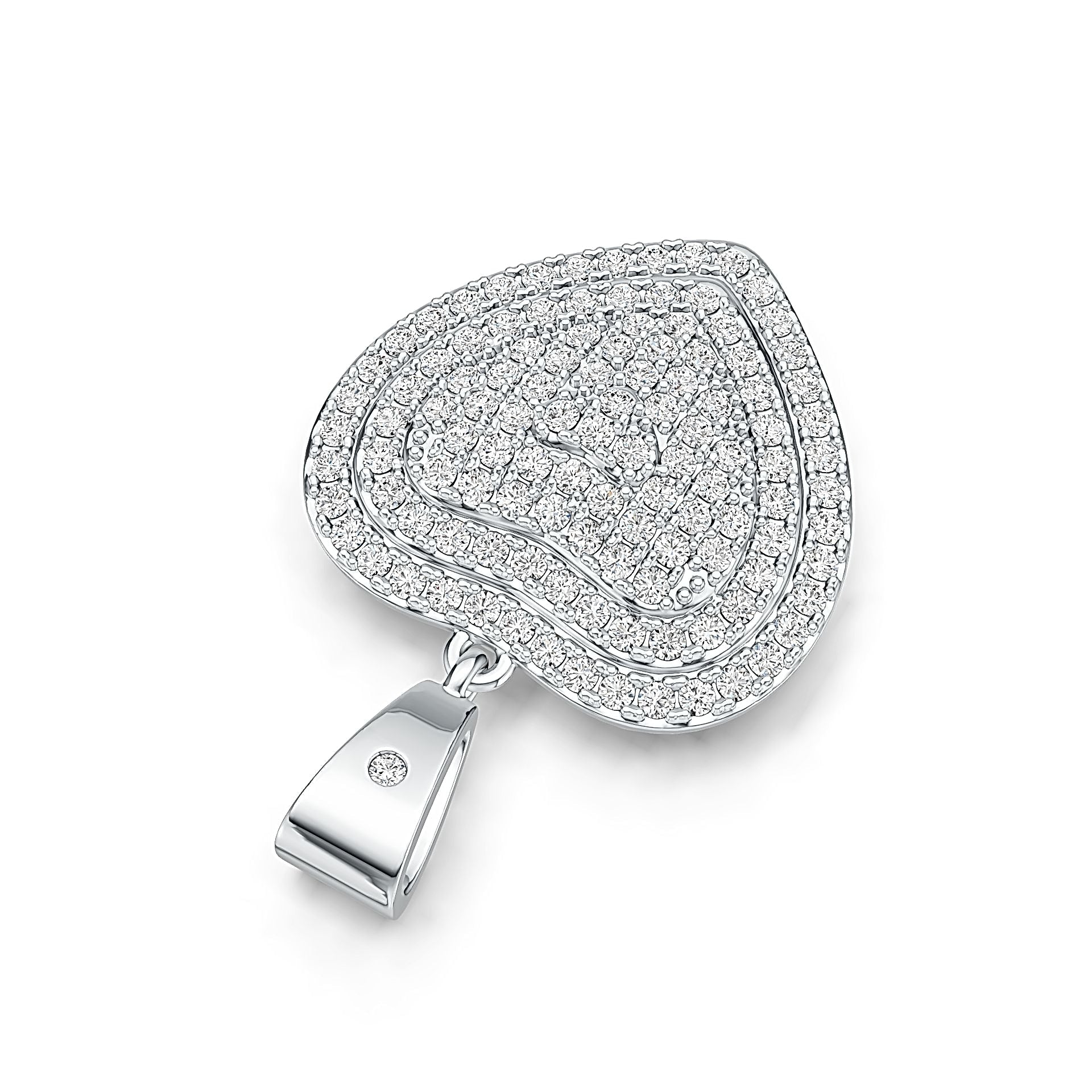 Silver pendant with a heart-shaped design on a white background