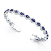 Sterling Silver Blue Sapphire Tennis Moissanite or Sapphire Bracelet Halo w/ Moissanite Oval OV 6X4mm