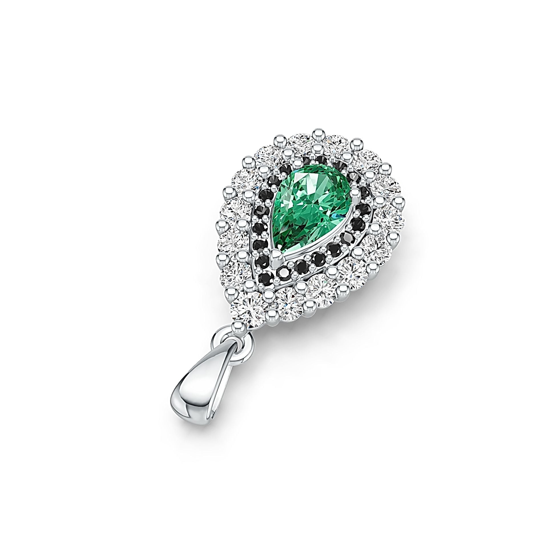 Teardrop-shaped pendant with a green gemstone and black stones on a white background