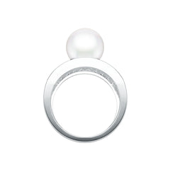 Sterling Silver Pearl with Moissanite Ring Wide Band Round RD 10x10mm
