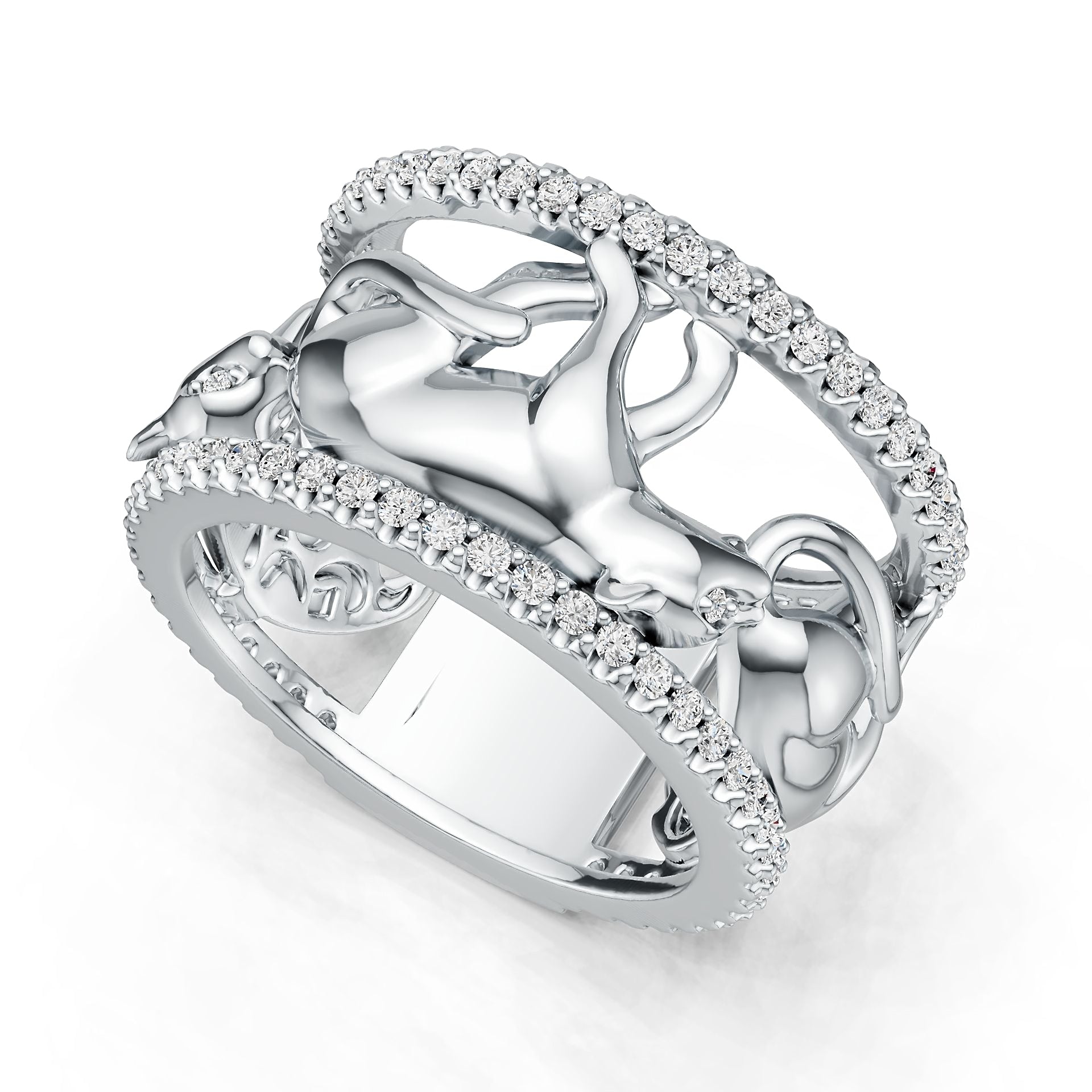 Sterling Silver Ring with White Topaz or Moissanite Walking Panther Theme DHJ
