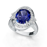 Sterling Silver Royal Blue Sapphire Engagement Ring Oval OV 12X10mm Baguette Moissanite Halo