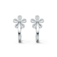 Sterling Silver Hoop Earrings with White Topaz or Moissanite Flower Theme Syzjewelry