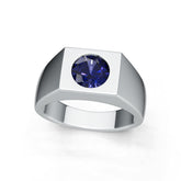 Men's Sterling Silver Royal Blue Sapphire Ring Round RD 6.5x6.5mm Flush Bezel Set