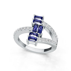 Sterling Silver Royal Blue Sapphire Bypass Ring Baguette BG 4x2mm