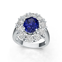 Sterling Silver Royal Blue Sapphire with Moissanite Ring Oval OV 10x8mm Halo