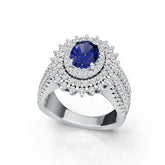 Sterling Silver Royal Blue Sapphire Engagement Ring w/ Moissanite Tripple Halo Ring