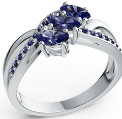 Elegant Three-Stone Marquise Birthstone Ring – Split Shank Design with Pavé Accents, Moissanite, Ruby, Emerald & Sapphire
