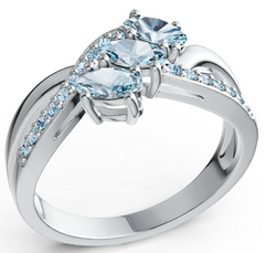 Elegant Three-Stone Marquise Birthstone Ring – Split Shank Design with Pavé Accents, Moissanite, Ruby, Emerald & Sapphire