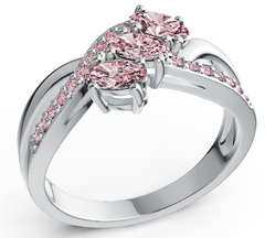 Elegant Three-Stone Marquise Birthstone Ring – Split Shank Design with Pavé Accents, Moissanite, Ruby, Emerald & Sapphire