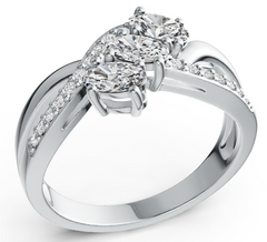 Elegant Three-Stone Marquise Birthstone Ring – Split Shank Design with Pavé Accents, Moissanite, Ruby, Emerald & Sapphire