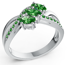 Elegant Three-Stone Marquise Birthstone Ring – Split Shank Design with Pavé Accents, Moissanite, Ruby, Emerald & Sapphire