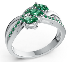 Elegant Three-Stone Marquise Birthstone Ring – Split Shank Design with Pavé Accents, Moissanite, Ruby, Emerald & Sapphire
