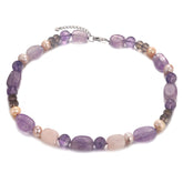 Natural Amethyst Rose Quartz Crystal Pearl Gemstone Station Bead Necklace For Women