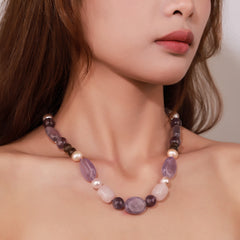 Natural Amethyst Rose Quartz Crystal Pearl Gemstone Station Sterling Silver Bead Necklace For Women