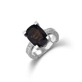 Natual Smoky Cirtine with Natual Zircon 925 Sterling Sliver Square Shape Classic Elegant Ring