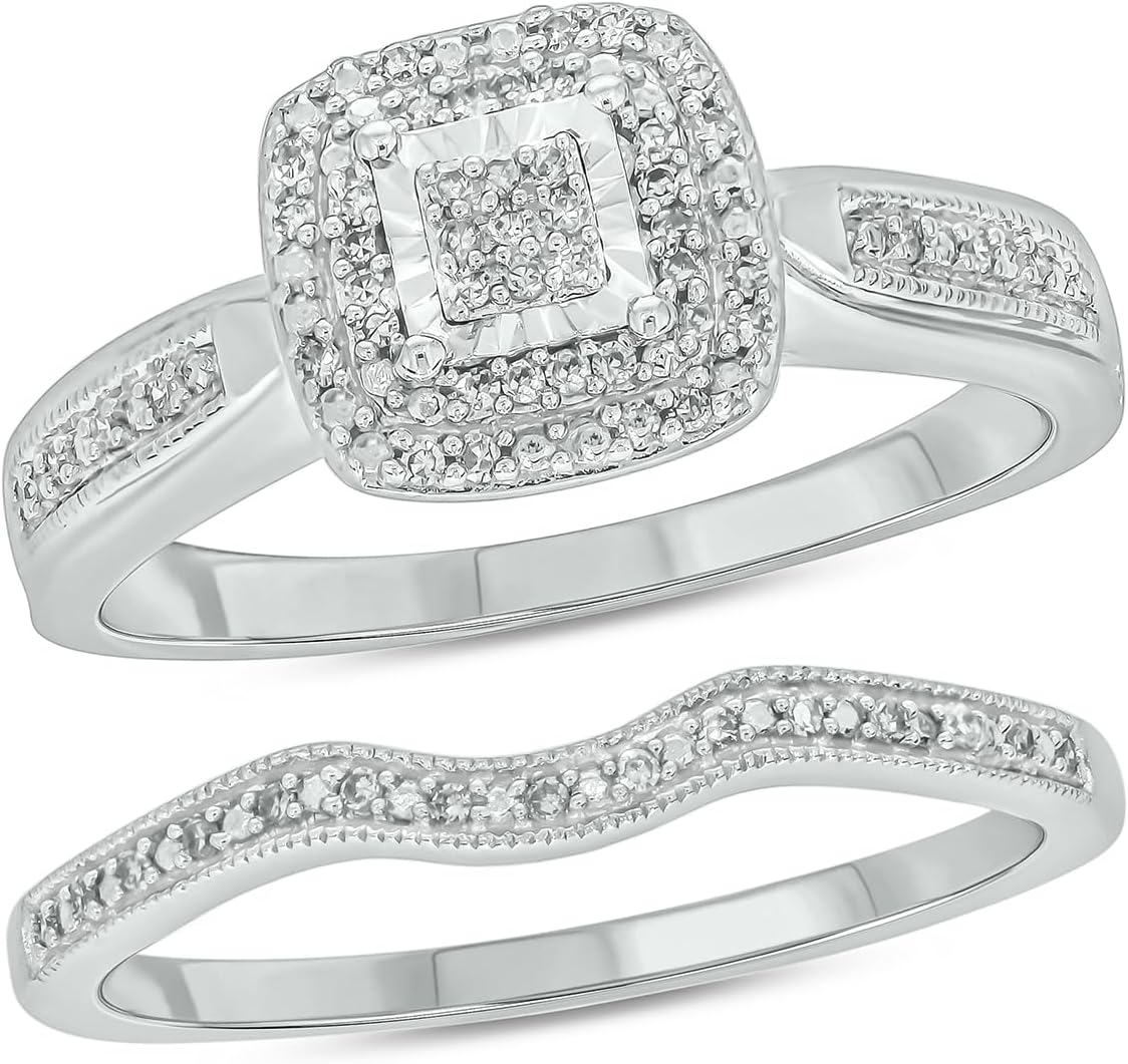 2 PC Halo Princess Cut Moissanite Sterling Silver Bridal Sets 