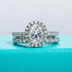 2 Pc Oval Moissanite Engagement Ring Set, D Color 2 Ct, 925 Silver