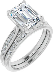 Emerald Cut Colorless Moissanite Sterling Silver Bridal Engagement & Eternity Wedding Ring Set for Women