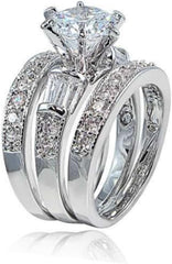 3 PC Round Cut CVD Diamond Sterling Silver Bridal Engagement Ring Set for Women