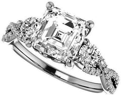 2 PC Asscher Cut Moissanite  Sterling Silver Solitaire Halo Bridal Wedding & Engagement Ring Set for Women
