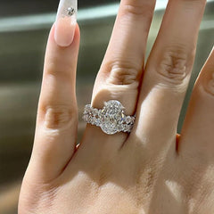 2 PC Oval Cut CVD Diamond 18K Gold Bridal Wedding & Engagement Ring Set for Wome