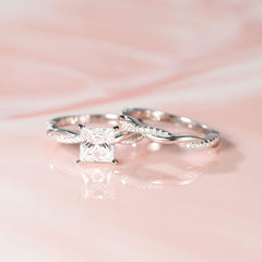 Princess Cut Moissanite Sterling Silver Twisting Infinity Bridal Wedding Engagement Ring Set for Women
