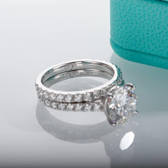 Round Cut Moissanite Sterling Silver Bridal Wedding Ring Set with Center Engagement Ring & Band for Women