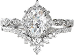 2 PC Oval Cut Moissanite Vintage Vine V-Shaped Sterling Silver Bridal Wedding & Engagement Ring Set for Women