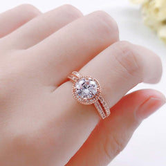 2 PC Round Brilliant Cut Rose Silver Eternity Bridal Wedding & Engagement Solitaire Ring Set for Women