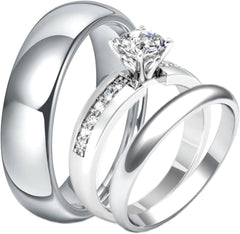 3PC Round Cut White Moissanite 925 Sterling Silver Trio Bridal Wedding & Engagement Promise Ring Set for His & Her