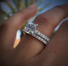 2 PC Princess Cut Moissanite Halo Solitaire Bridal Wedding & Engagement Ring Set